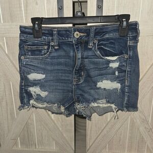American Eagle Hi Rise Shortie Denim Distressed Cut Off Raw Hem Jean Shorts 6